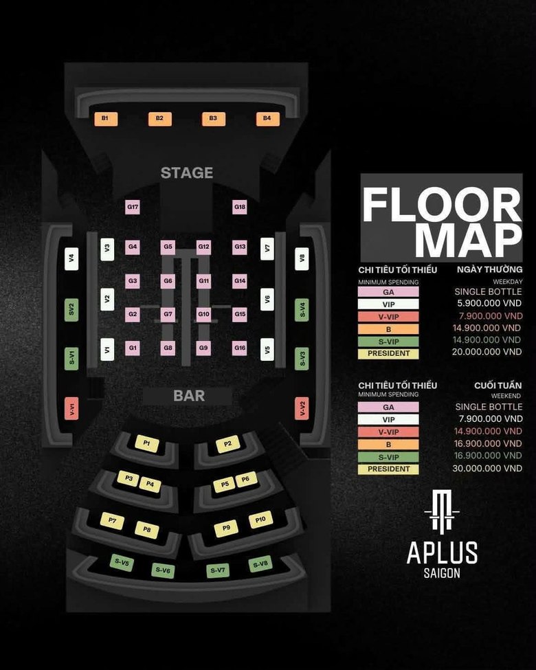 APLUS MUSIC SAIGON 场方座位图 · 标注 GA、VIP、V-VIP、B、S-VIP、PRESIDENT 六区平日与周末最低消费
