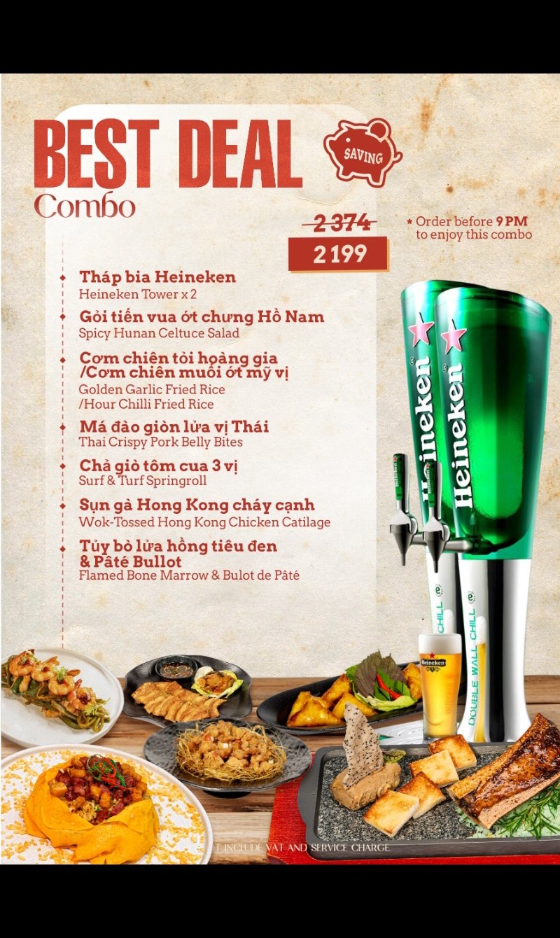 BAIA SAIGON 菜单原件：BEST DEAL 套餐 2,199,000 含两座啤酒塔与七道菜