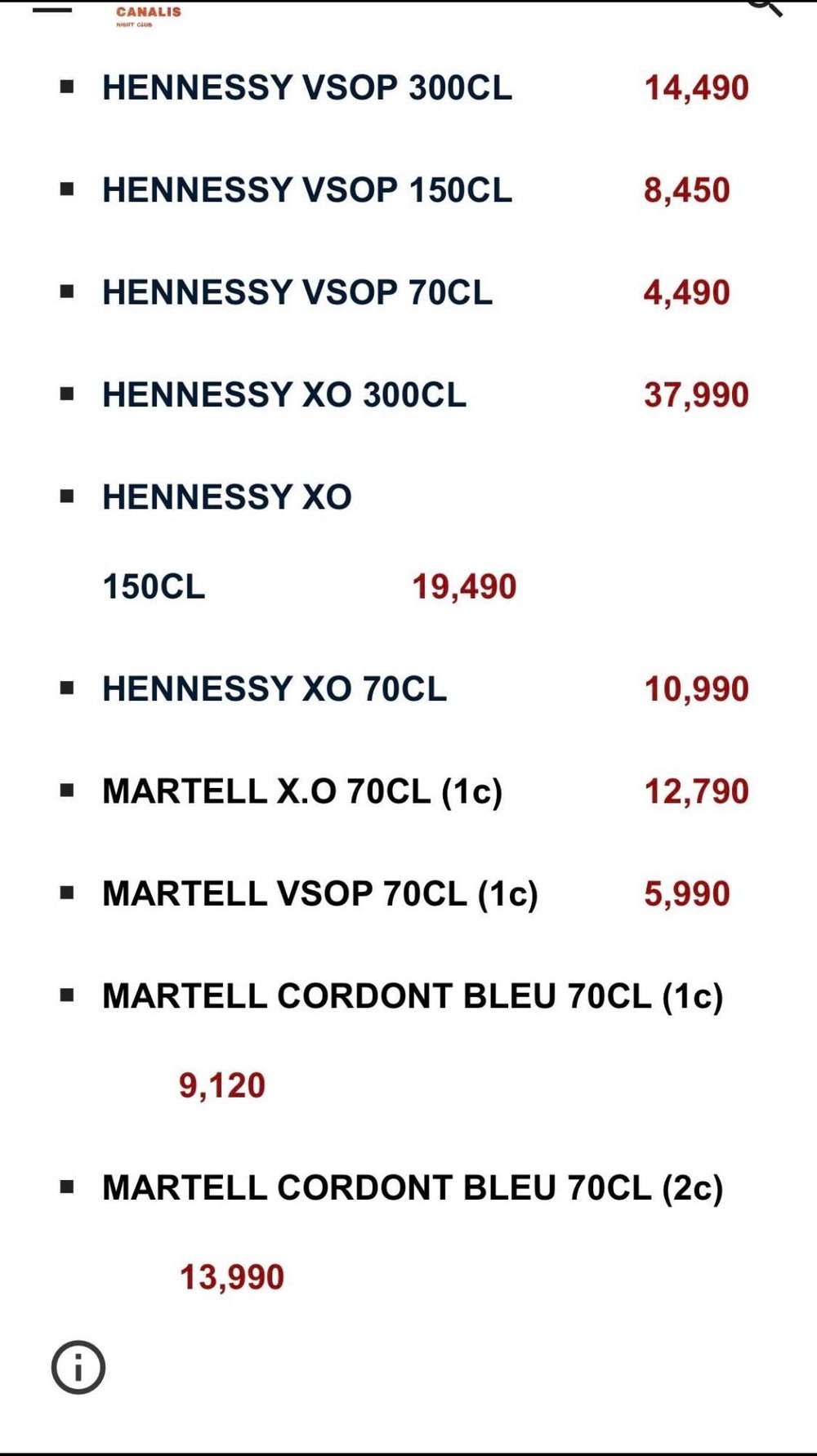 CANALIS CLUB 菜单原件 · 干邑 Cognac 价目表(Hennessy 与 Martell)