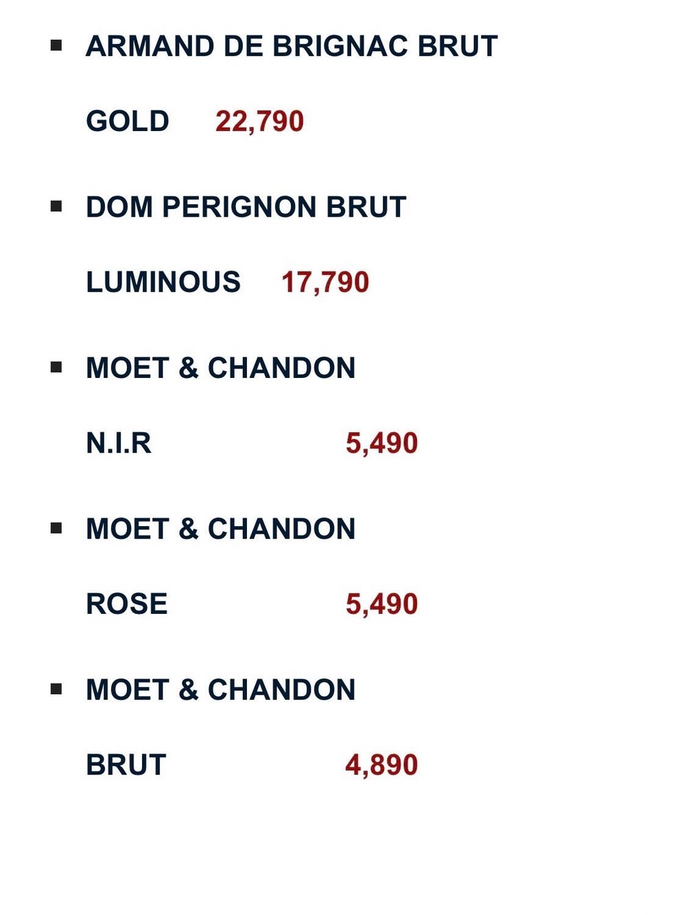 CANALIS CLUB 菜单原件 · 香槟价目表(黑桃 A、Dom Pérignon、Moët & Chandon)