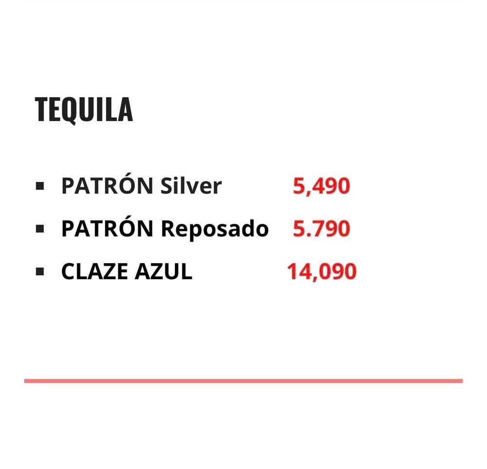 CANALIS CLUB 菜单原件 · 龙舌兰 Tequila 价目表(Patrón、Clase Azul)