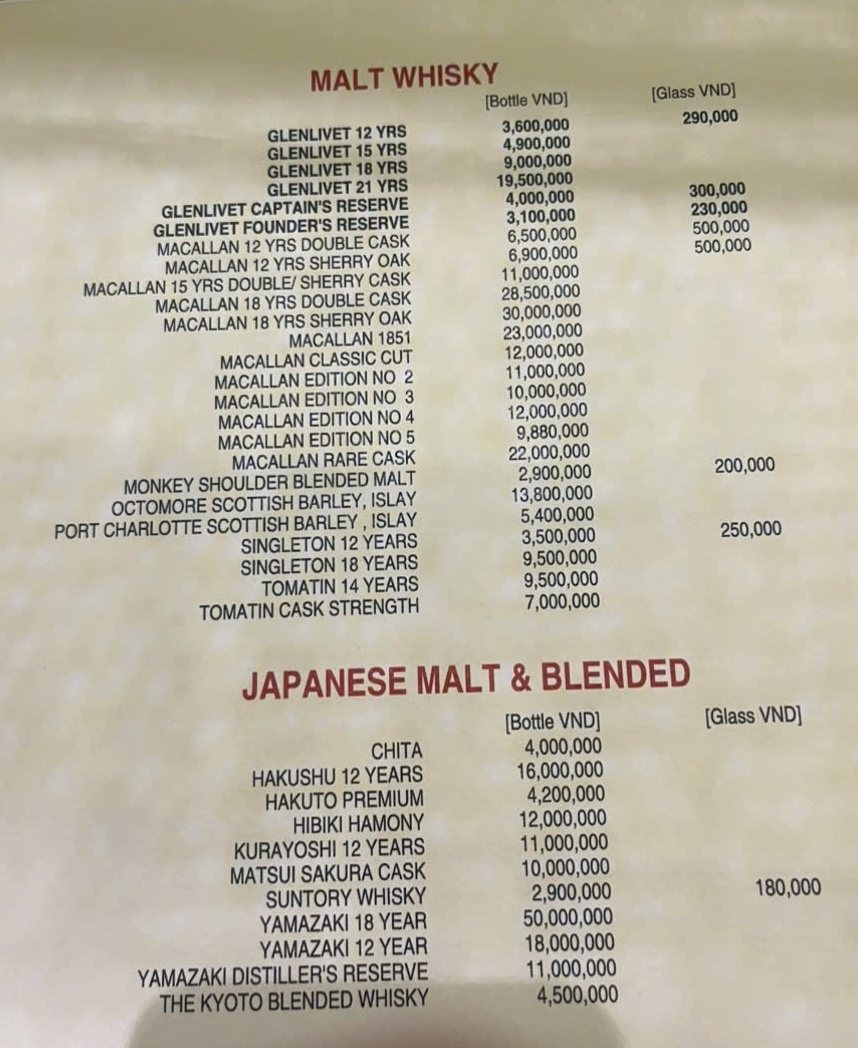 CATWALK 威士忌吧酒单实拍 · MALT WHISKY 与 JAPANESE MALT & BLENDED 分区，Bottle 与 Glass 双栏价目