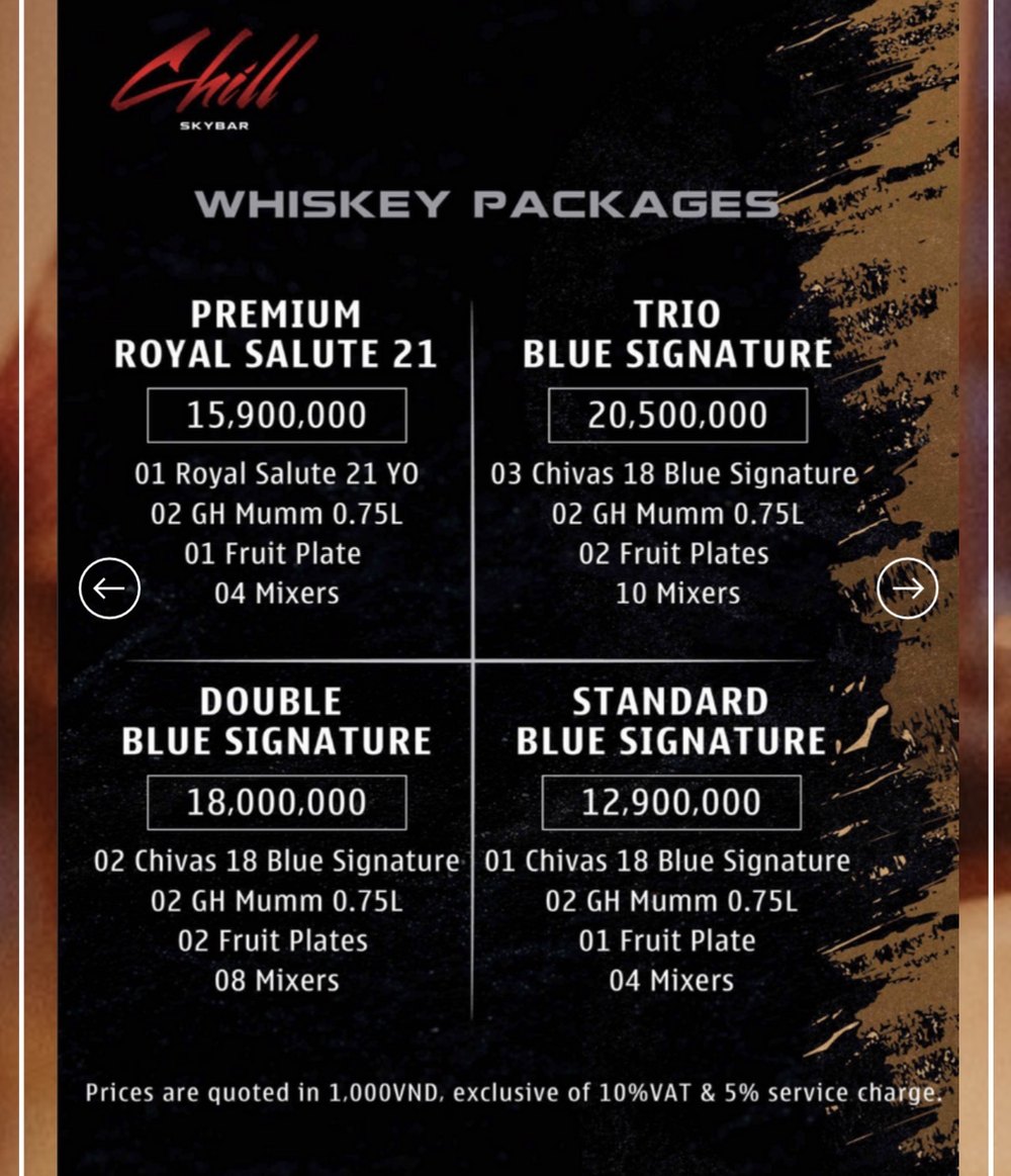 CHILL SKY BAR 威士忌套餐价目表原件：Premium Royal Salute 21、Trio／Double／Standard Blue Signature 四档