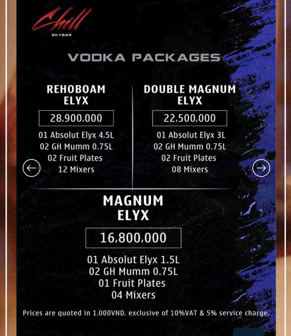 CHILL SKY BAR 伏特加套餐价目表原件：Rehoboam／Double Magnum／Magnum Elyx 三档