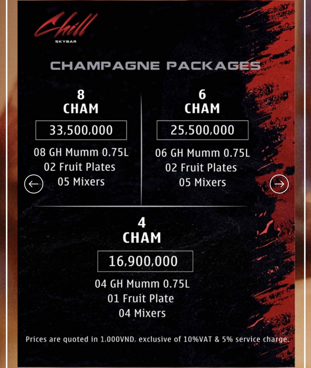 CHILL SKY BAR 香槟套餐价目表原件：8 CHAM／6 CHAM／4 CHAM 三档 GH Mumm 组合