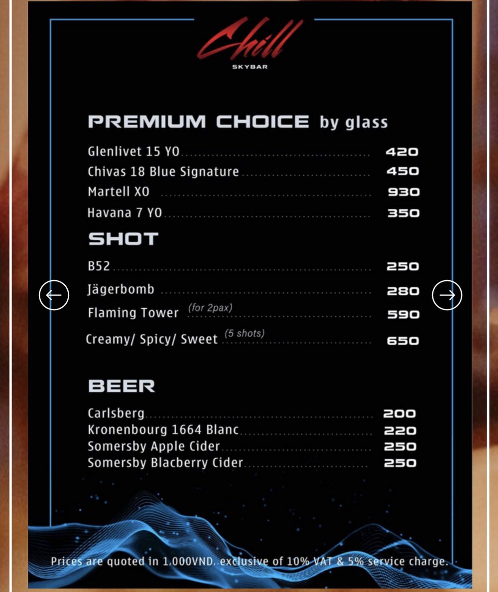 CHILL SKY BAR 单杯烈酒、Shot 与啤酒菜单原件