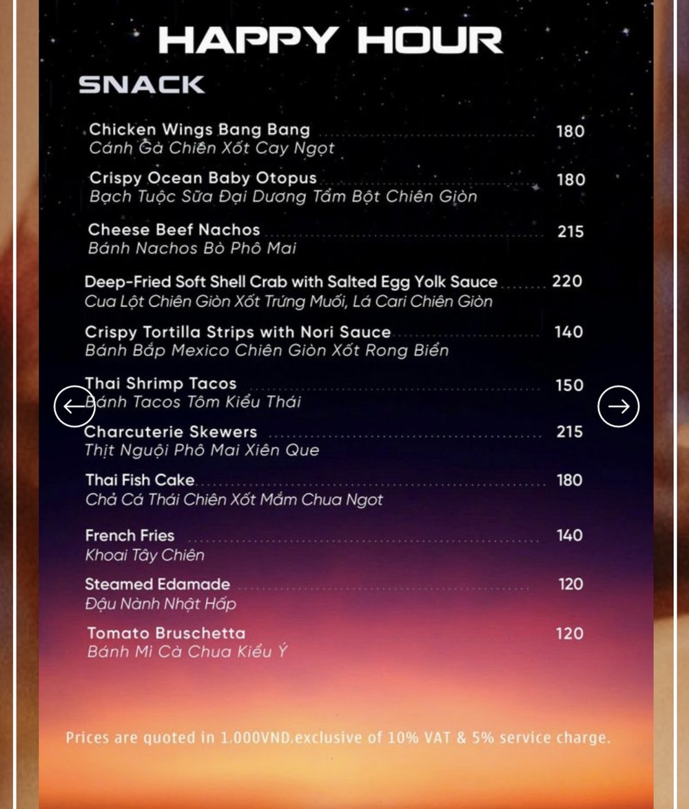 CHILL SKY BAR Happy Hour 小吃菜单原件，含价格与越南文名称