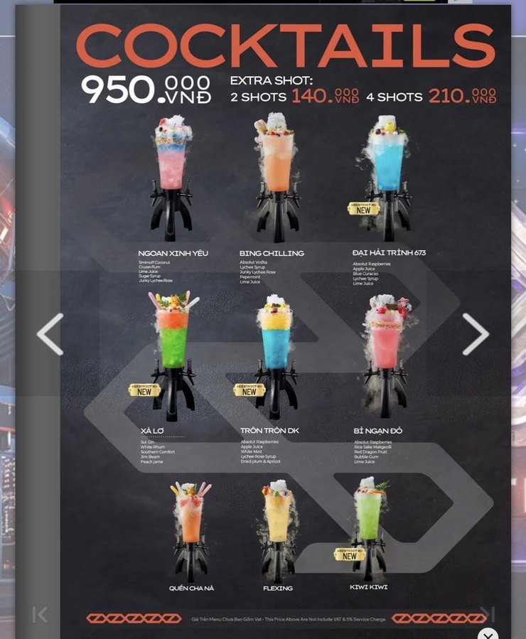 DISTRICT K 鸡尾酒塔单原件：全系列 950,000、加酒 2 shots 140,000 与 4 shots 210,000，九款塔的配方