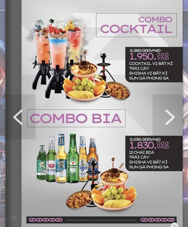 DISTRICT K 鸡尾酒套餐与啤酒套餐原件：Combo Cocktail 1,950,000、Combo Bia 1,830,000