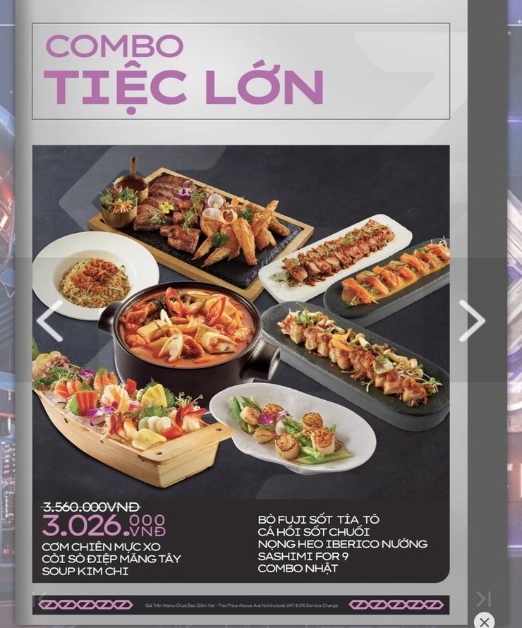 DISTRICT K 大宴套餐原件：Combo Tiệc Lớn 3,026,000，含鱿鱼炒饭、芦笋带子、泡菜汤、Fuji 牛、三文鱼与 9 人份刺身