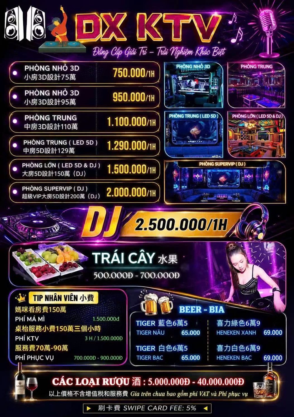 DU XUÂN KTV 游春 价目表原件：六档包厢每小时房价、DJ 2,500,000、果盘、妈咪看房费、陪唱小费、服务费、Tiger 与喜力啤酒、洋酒区间及刷卡费 5%