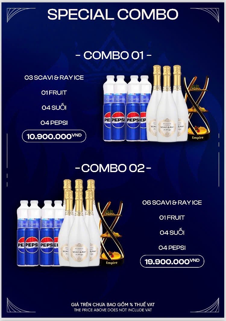 EMPIRE MUSIC BAR 套餐单原件：COMBO 01 三瓶 Scavi & Ray Ice 10,900,000、COMBO 02 六瓶 19,900,000，均含果盘、四瓶矿泉水与四瓶百事