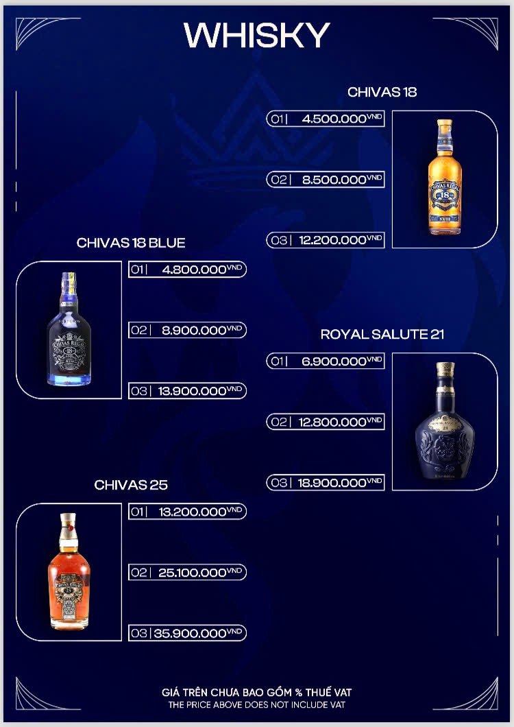 EMPIRE MUSIC BAR 威士忌单原件：芝华士 18、芝华士 18 蓝樽、芝华士 25、皇家礼炮 21 的一瓶／两瓶／三瓶打包价