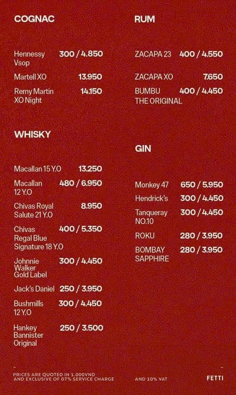 FETTI BAR 干邑、朗姆、威士忌、金酒价目原件