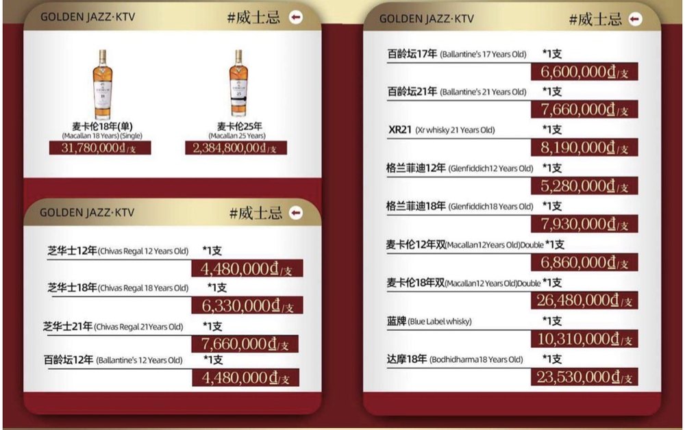 金爵菜单原件：威士忌全表，麦卡伦、芝华士、百龄坛、格兰菲迪与蓝牌