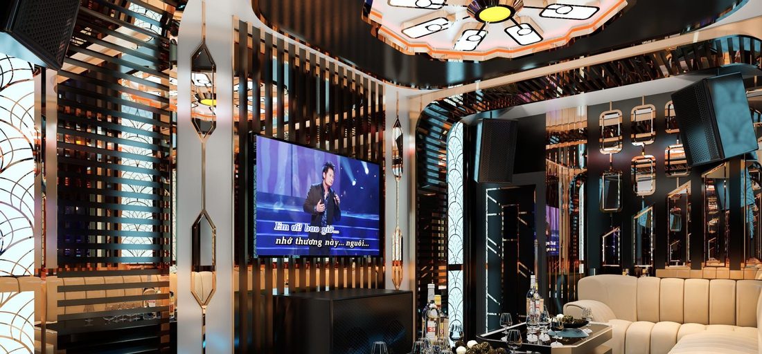 HERMES PARIS KTV 装饰艺术风包厢，铜色竖百叶、扇形彩绘玻璃与六角吊镜
