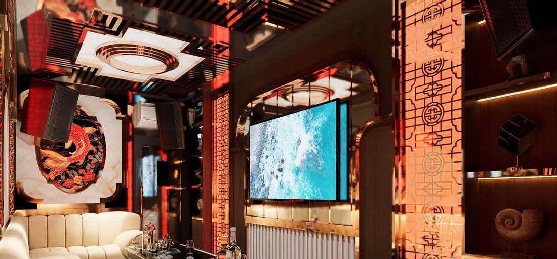 HERMES PARIS KTV 中式包厢，大理石开光框内的立体锦鲤浮雕与铜色回纹格栅