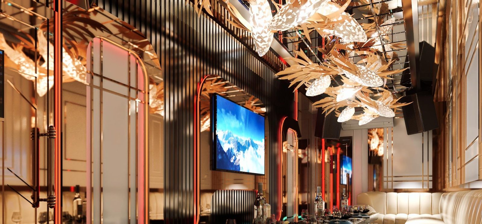 HERMES PARIS KTV 大包厢，金色羽叶造型吊灯、黑色竖格栅墙与红色霓虹描边拱门