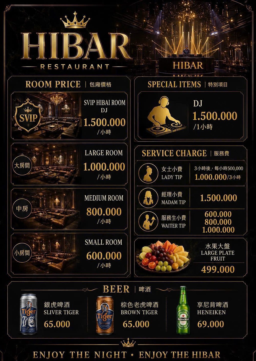 HIBAR RESTAURANT 官方价目表：包厢价格 SVIP 1,500,000／大房 1,000,000／中房 800,000／小房 600,000，服务费栏陪唱 1,000,000 三小时、妈咪 1,500,000、服务生 600,000–1,000,000，水果大盘 499,000，啤酒 65,000–69,000