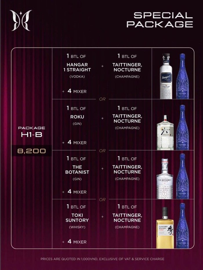 KÉN SKYBAR H1-B 套餐原件:一瓶烈酒加一瓶 Taittinger 香槟