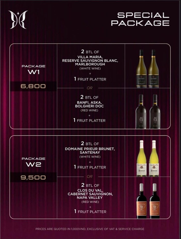 KÉN SKYBAR W1 与 W2 葡萄酒套餐原件价目表