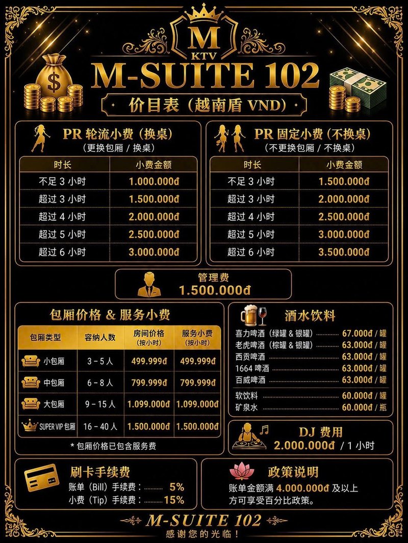M SUITE 102 KTV 价目表中文版 · 包厢价格、PR 小费、管理费、酒水与刷卡手续费