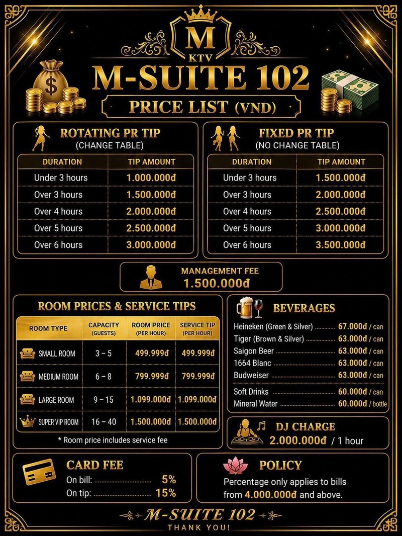 M SUITE 102 KTV Price List 英文版 · Room prices, PR tip, management fee, card fee