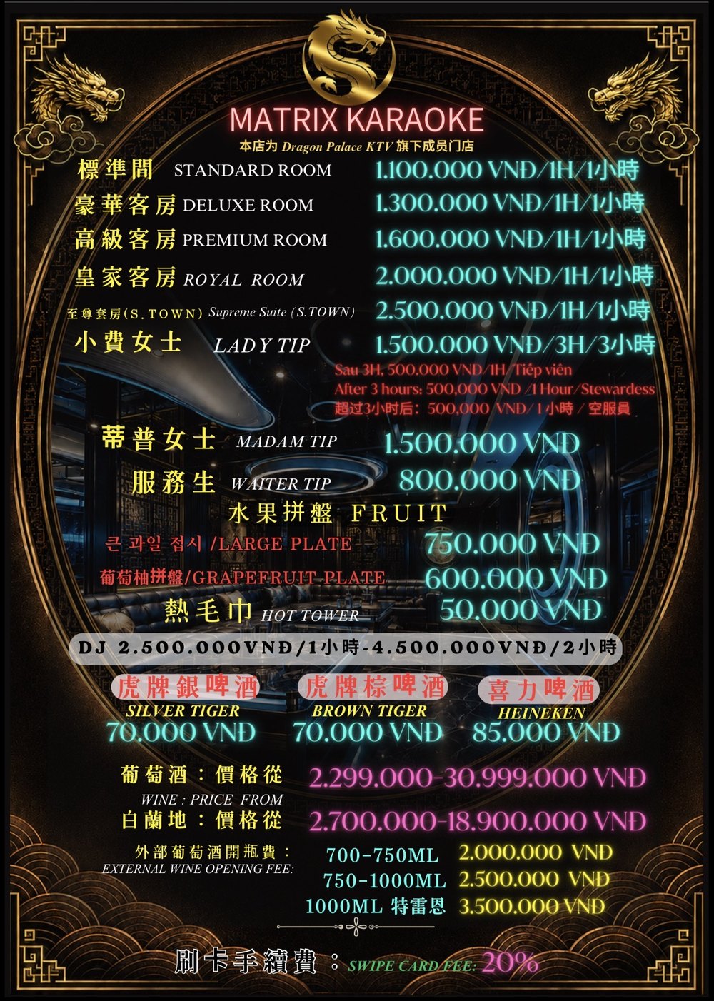 MATRIX KARAOKE 菜单 · 五档房费、公主与妈咪小费、水果与开瓶费总表