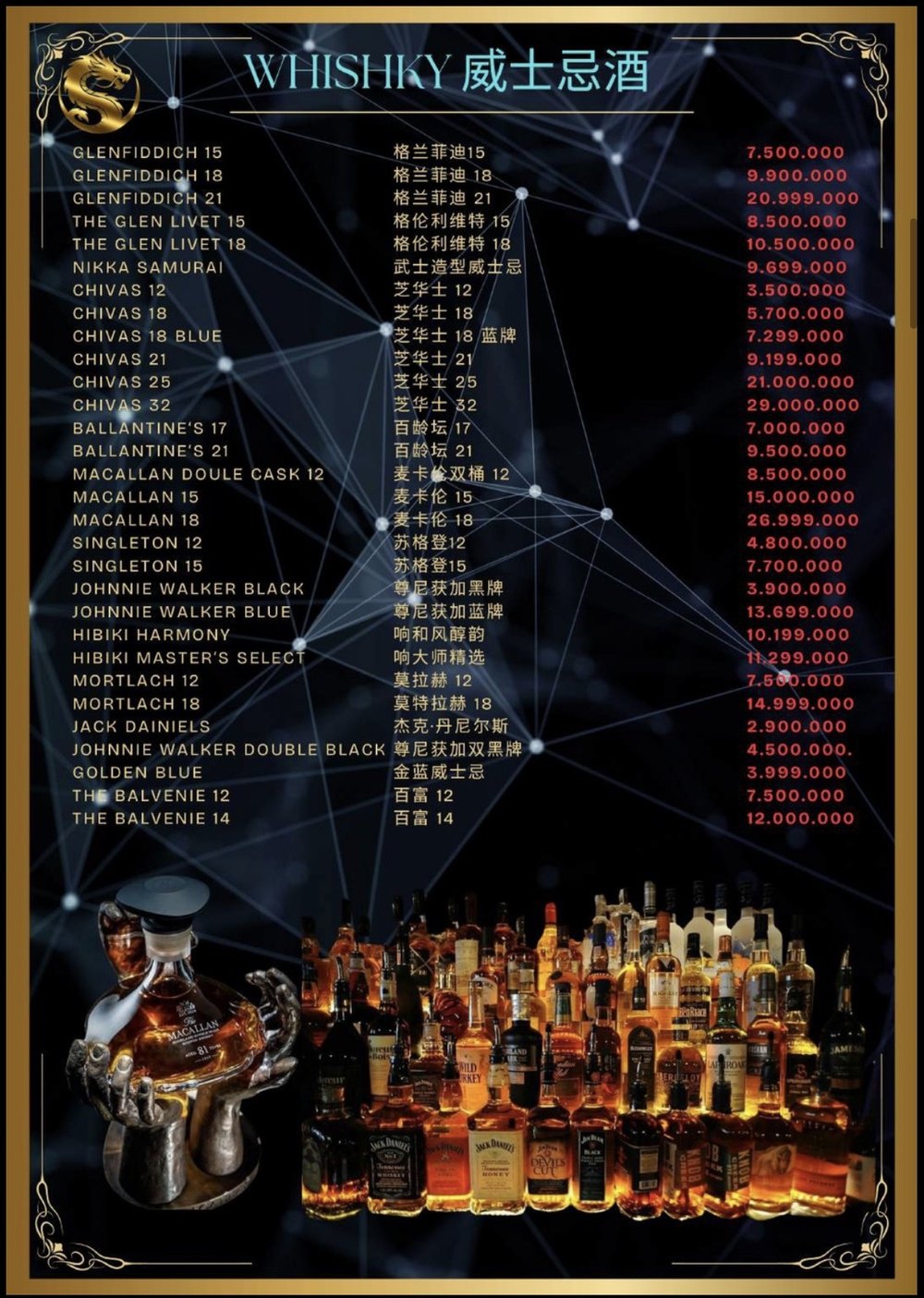 MATRIX KARAOKE 菜单 · 威士忌单,芝华士麦卡伦格兰菲迪尊尼获加全列