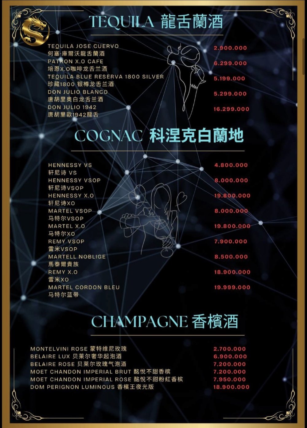 MONACO BOSS VILLA KTV 菜单 · 龙舌兰干邑与香槟