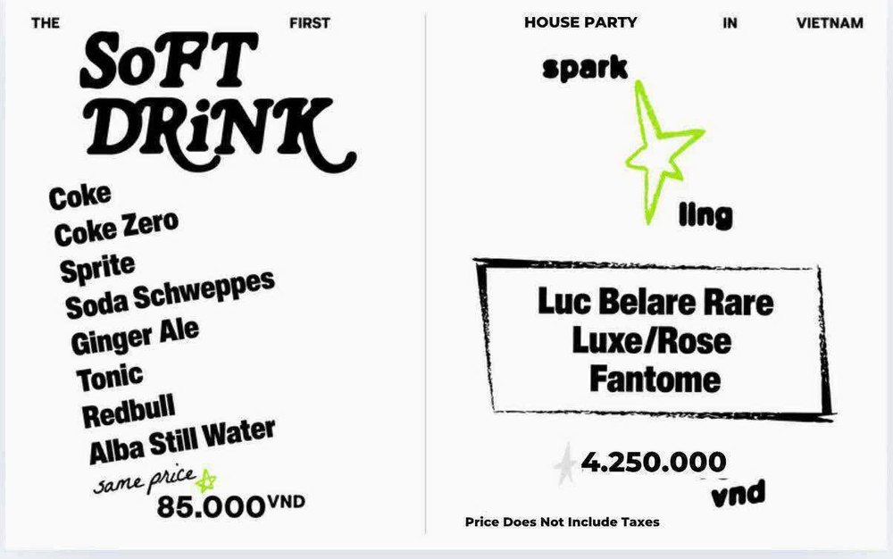 NEIGHBORHOOD BAR 菜单原件 · 软饮统一 85,000 VND 与 Luc Belaire 气泡酒价目