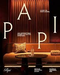 PAPI BAR 官方海报:竖排 PAPI 字母压在弧形丝绒卡座与暖橙背光墙面上,下方标注 Papi Club 黎利街 西贡