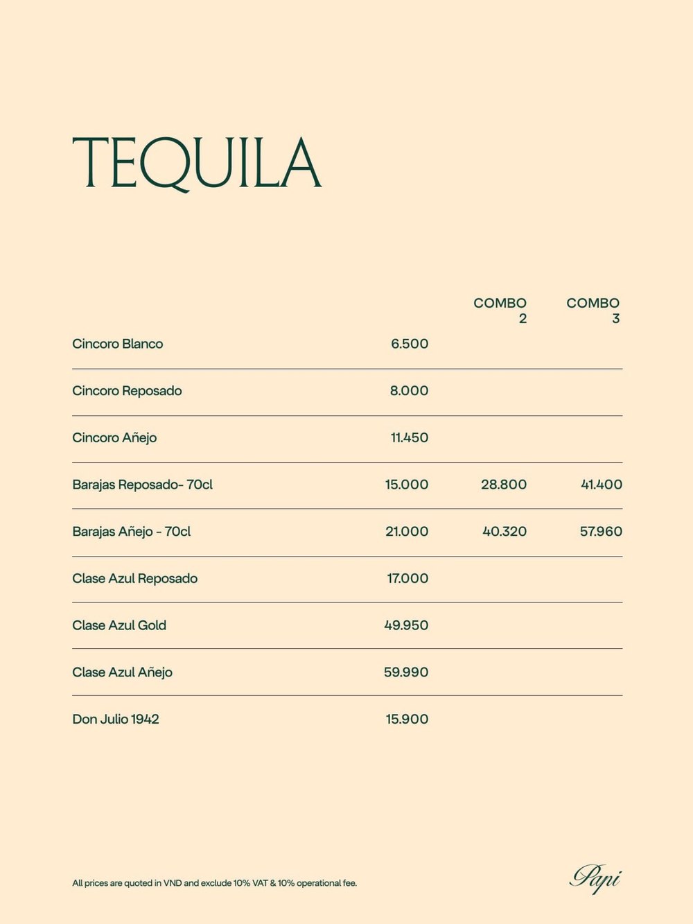 PAPI BAR 菜单原件第一页 TEQUILA 龙舌兰价目表