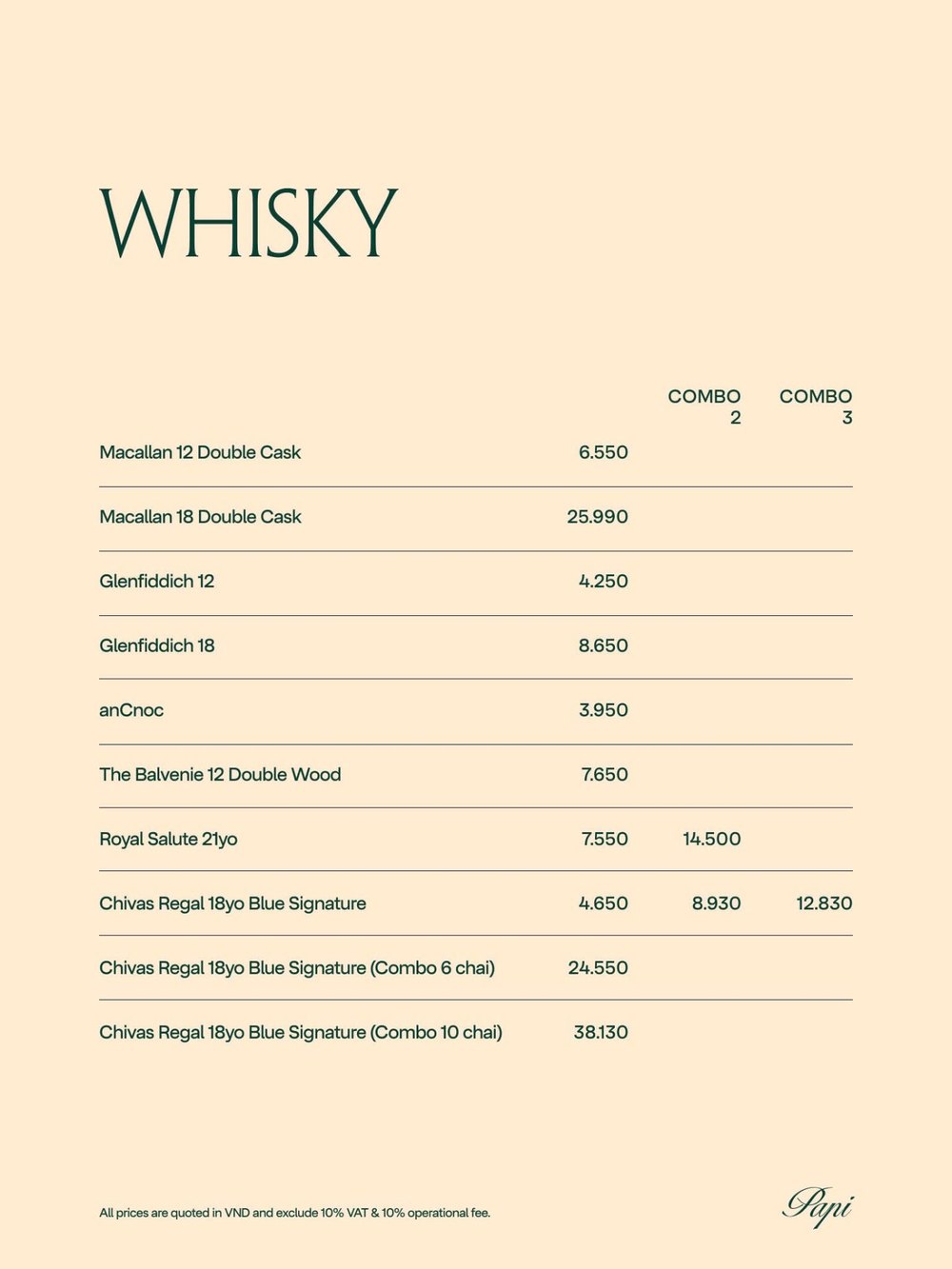PAPI BAR 菜单原件 WHISKY 威士忌价目表