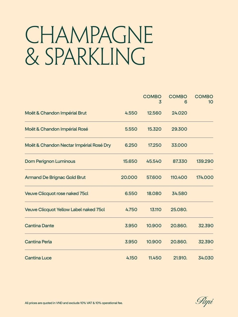 PAPI BAR 菜单原件 CHAMPAGNE & SPARKLING 香槟气泡酒价目表