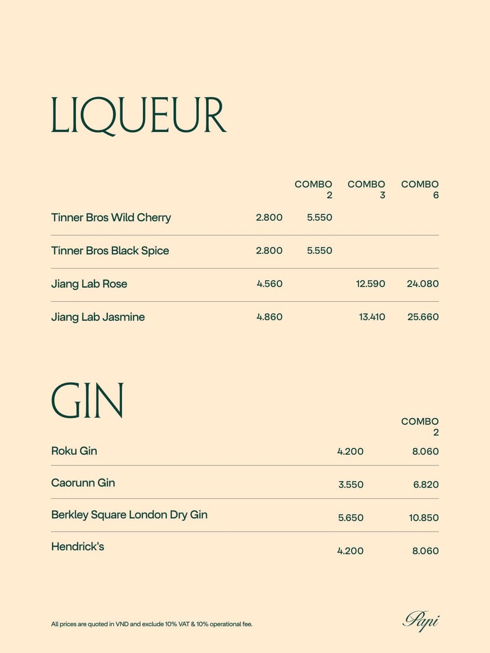 PAPI BAR 菜单原件 LIQUEUR 与 GIN 利口酒金酒价目表