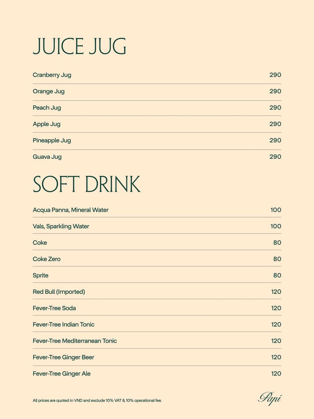 PAPI BAR 菜单原件 JUICE JUG 与 SOFT DRINK 果汁壶软饮价目表