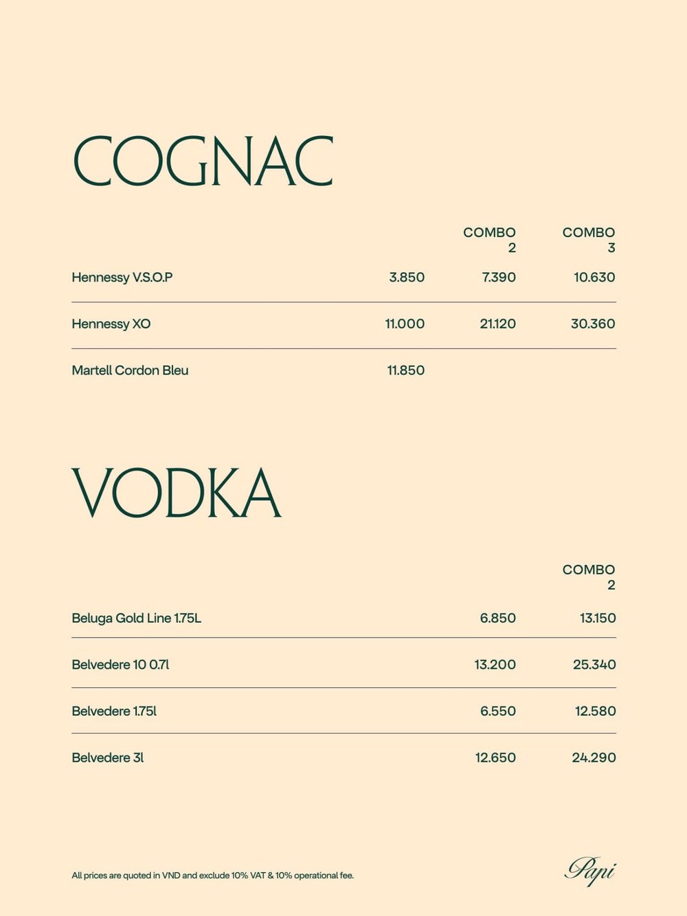 PAPI BAR 菜单原件 COGNAC 与 VODKA 干邑伏特加价目表
