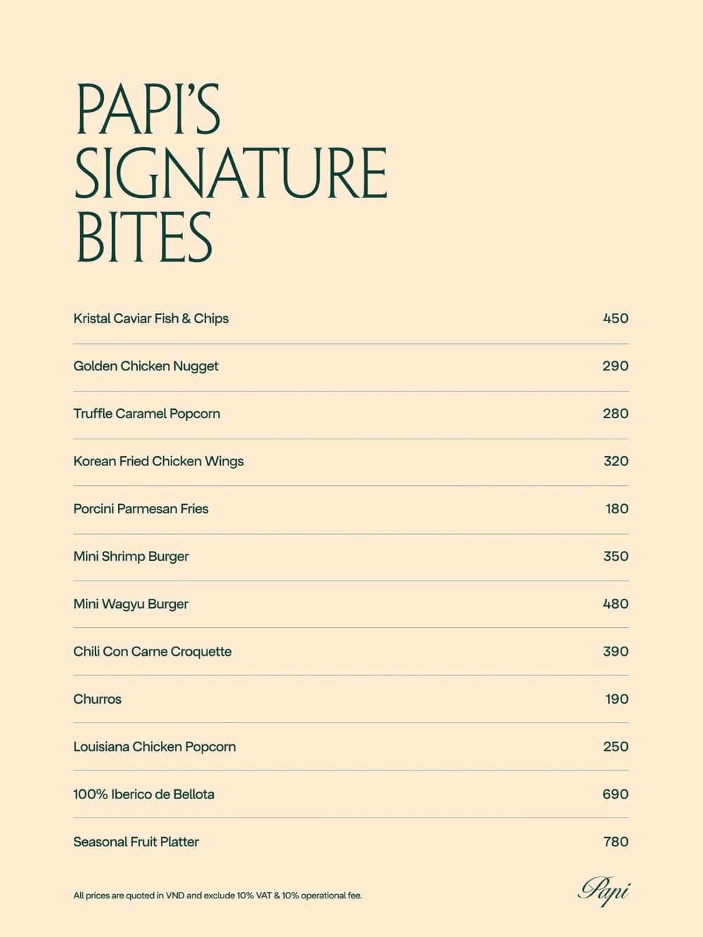 PAPI BAR 菜单原件 PAPI'S SIGNATURE BITES 招牌小食价目表