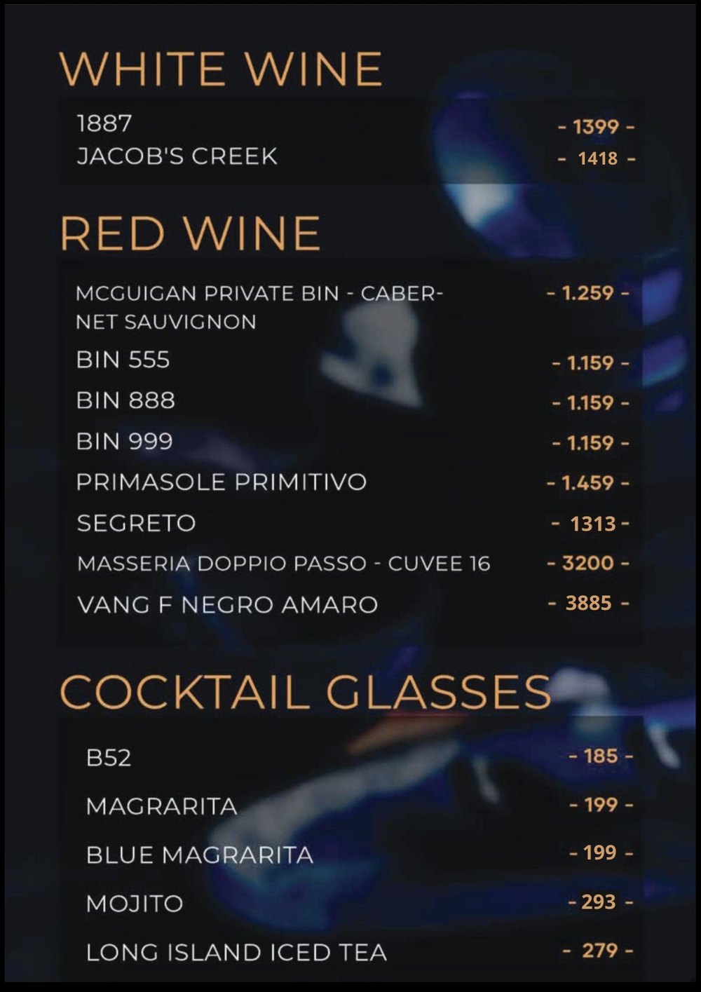 THE WANN 红白葡萄酒与单杯鸡尾酒价目原件