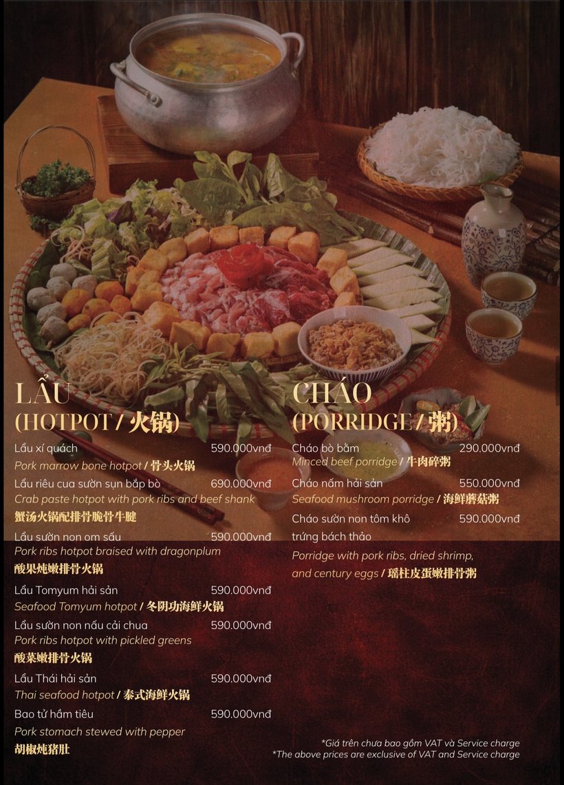 GOLD ONE 菜单原件：火锅 590,000 起、蟹汤火锅 690,000，粥 290,000–590,000
