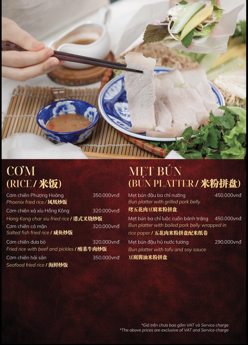 GOLD ONE 菜单原件：炒饭 320,000–350,000 与米粉拼盘 290,000–450,000