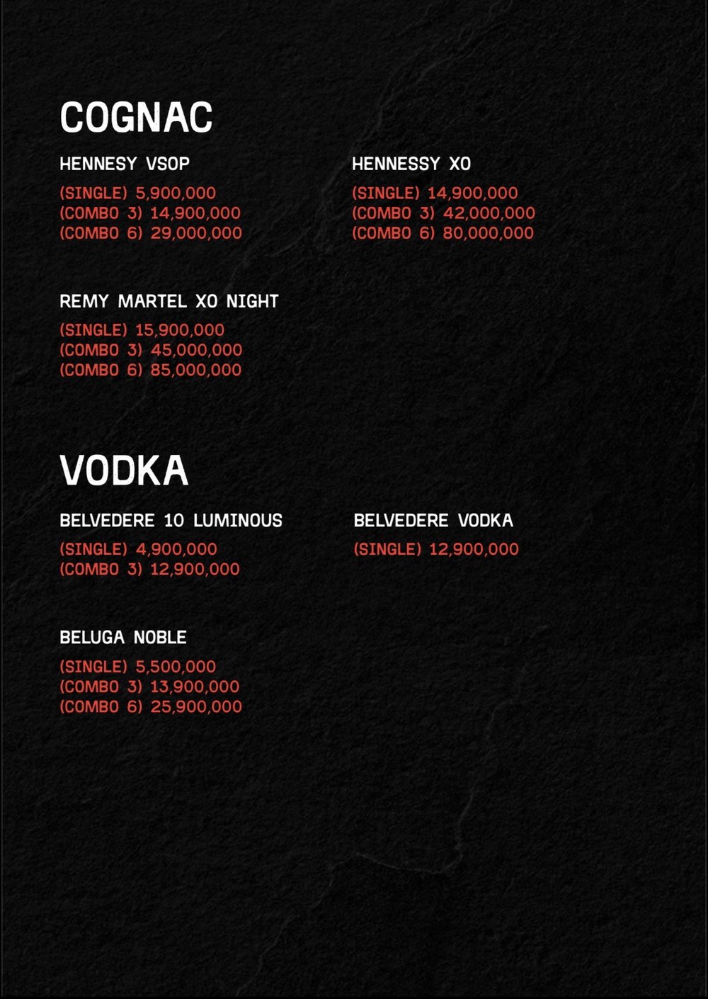 VOLAR CLUB 干邑与伏特加价目原件