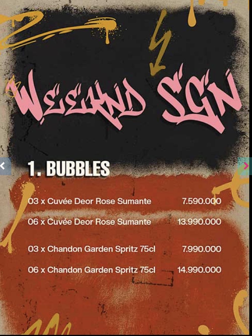WEEKEND SAIGON 气泡酒价目原件,喷漆涂鸦风格,列出 Cuvée Deor Rose 与 Chandon Garden Spritz 套装价