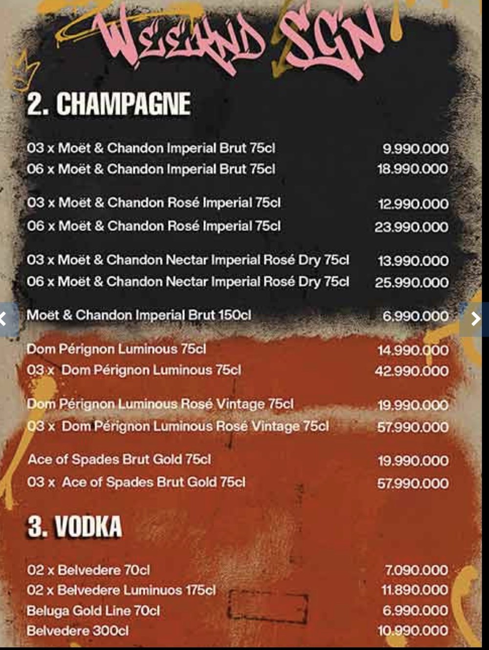 WEEKEND SAIGON 香槟与伏特加价目原件,含 Moët、Dom Pérignon、黑桃 A、Belvedere