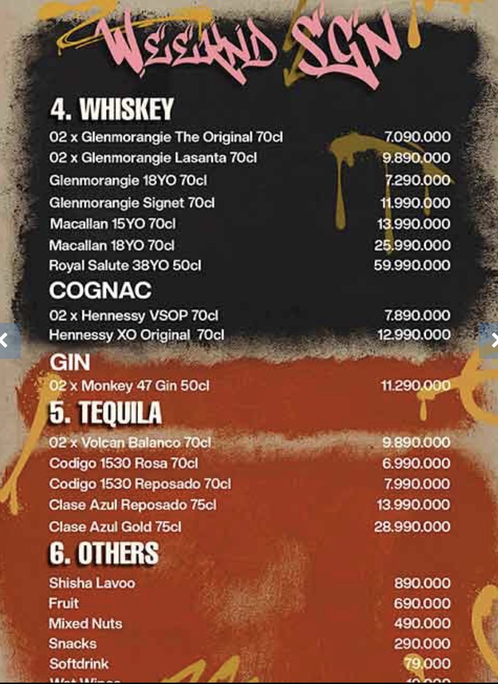 WEEKEND SAIGON 威士忌干邑金酒龙舌兰与小食价目原件,含 Macallan、Hennessy、Clase Azul