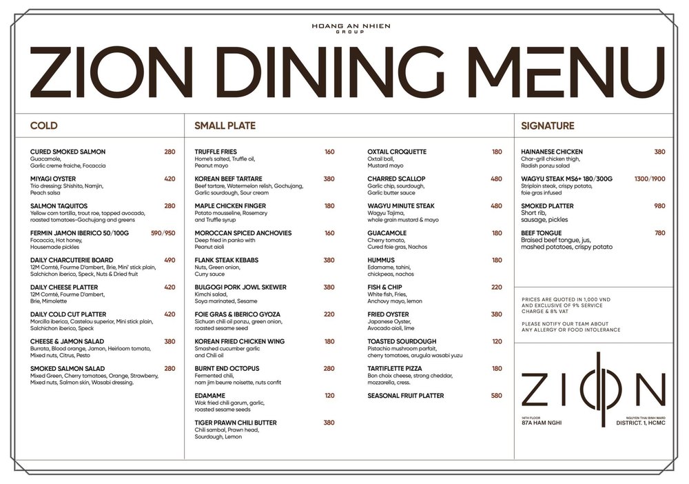 ZION DINING MENU 原件 · 冷盘、小食与招牌菜全表
